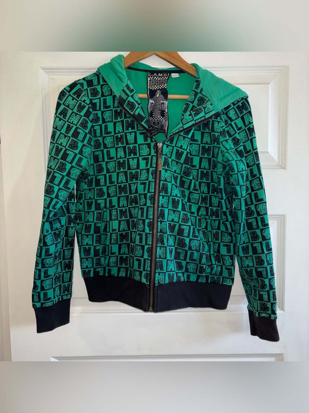 L.A.M.B. Gwen Stefani Y2K Logo Zip Hoodie Green Black Women’s Medium Checker